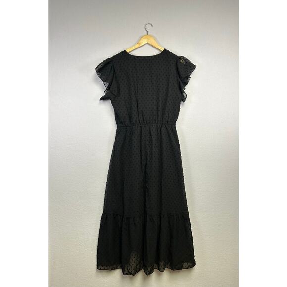 BTFBM Black Swiss Dot Vneck Ruffle Tiered Midi Dress Large - Picture 5 of 8